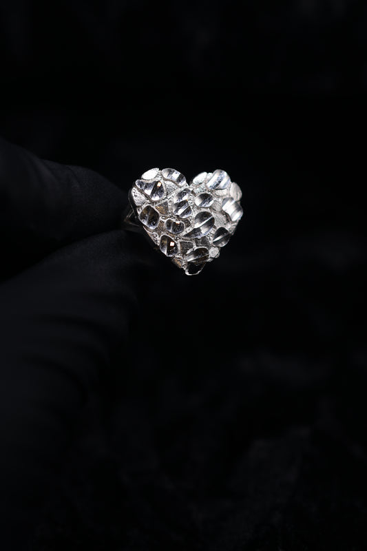 Big Silver  Nugget Heart Ring